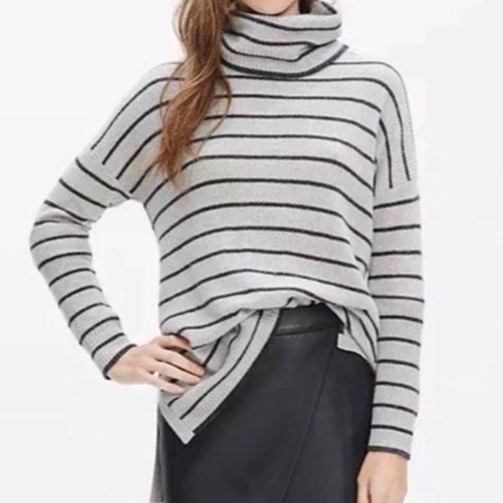 Madewell Striped Merino Wool/Alpaca Blend Sweater Gray Black Turtleneck Top